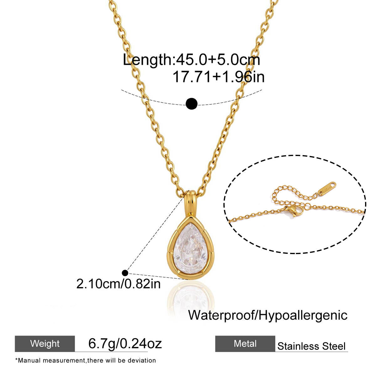 Gold necklace with teardrop pendant and measurement details on a white background