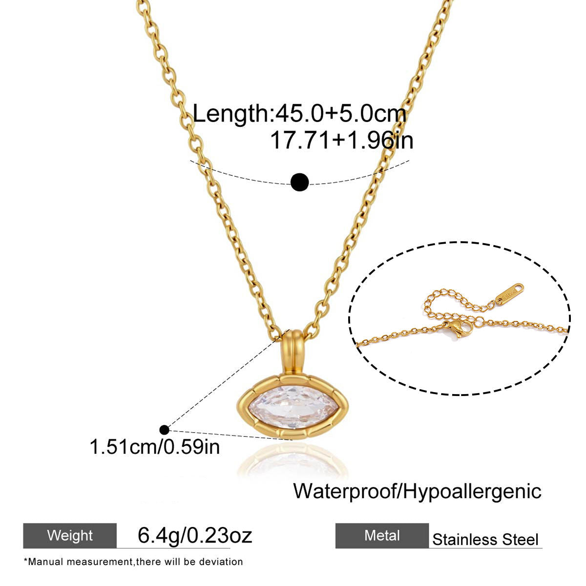 Gold chain necklace with an oval pendant on a white background, with measurement annotations showing length, pendant width, clasp detail, weight, and text noting waterproof/hypoallergenic stainless steel.