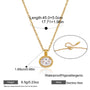 Gold stainless steel adjustable necklace with a round bezel pendant containing a clear rhinestone, shown with measurement annotations, weight 6.5g, and a close-up inset of the clasp.