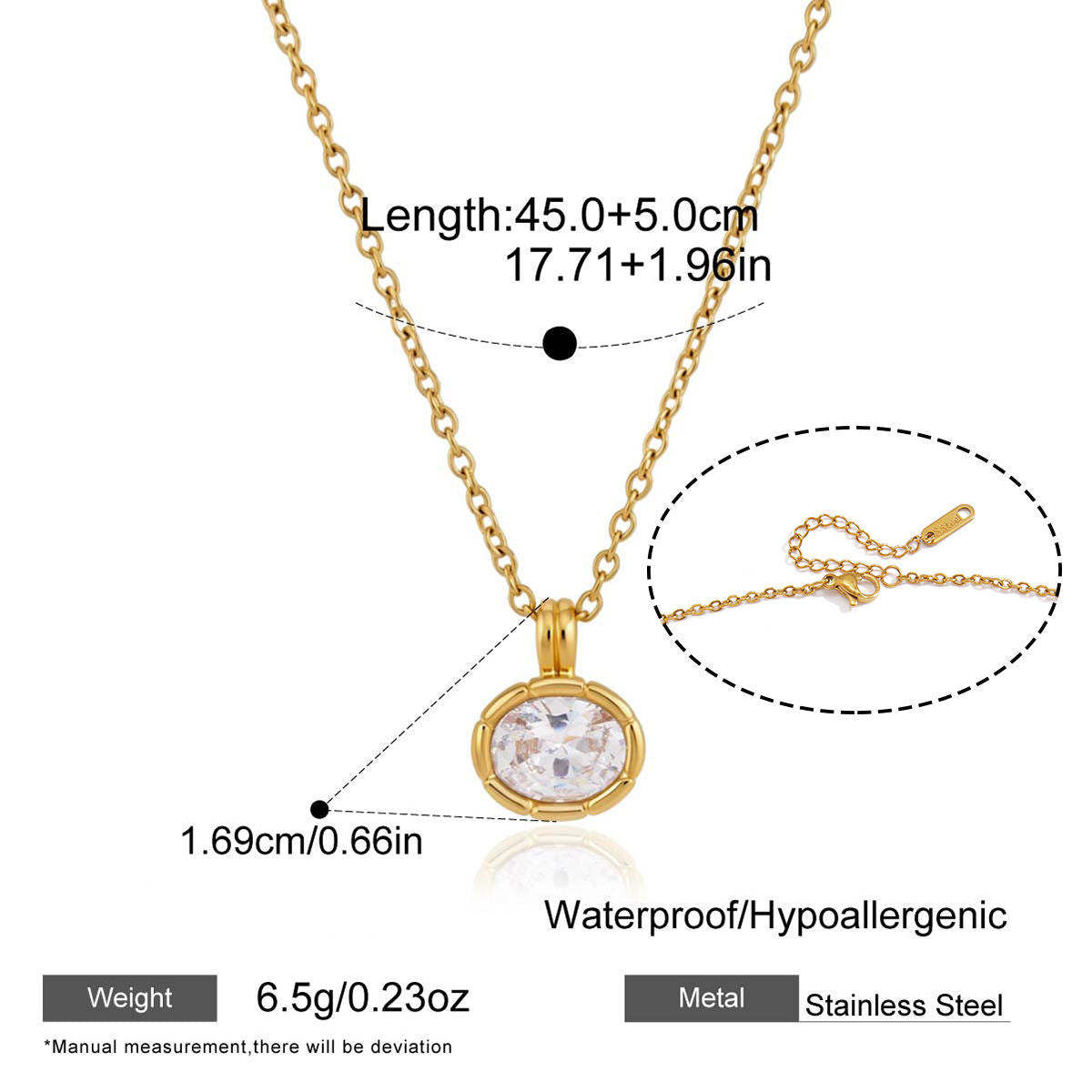 Gold stainless steel adjustable necklace with a round bezel pendant containing a clear rhinestone, shown with measurement annotations, weight 6.5g, and a close-up inset of the clasp.