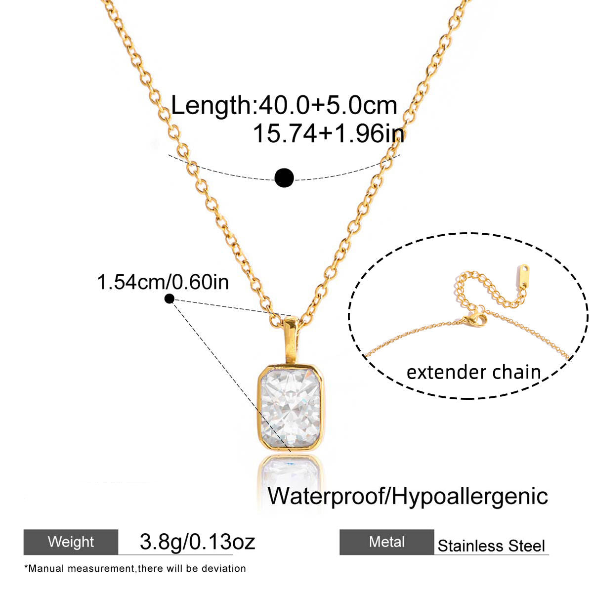Gold necklace with a pendant, showing measurements and product details on a white background.