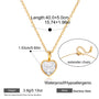 Gold necklace with heart-shaped pendant and extender chain, showing measurements and product details.