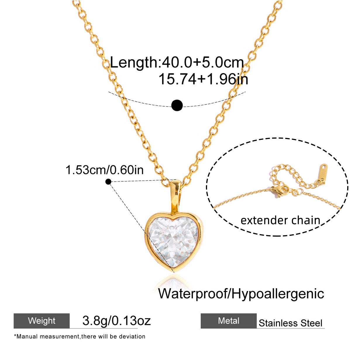 Gold necklace with heart-shaped pendant and extender chain, showing measurements and product details.