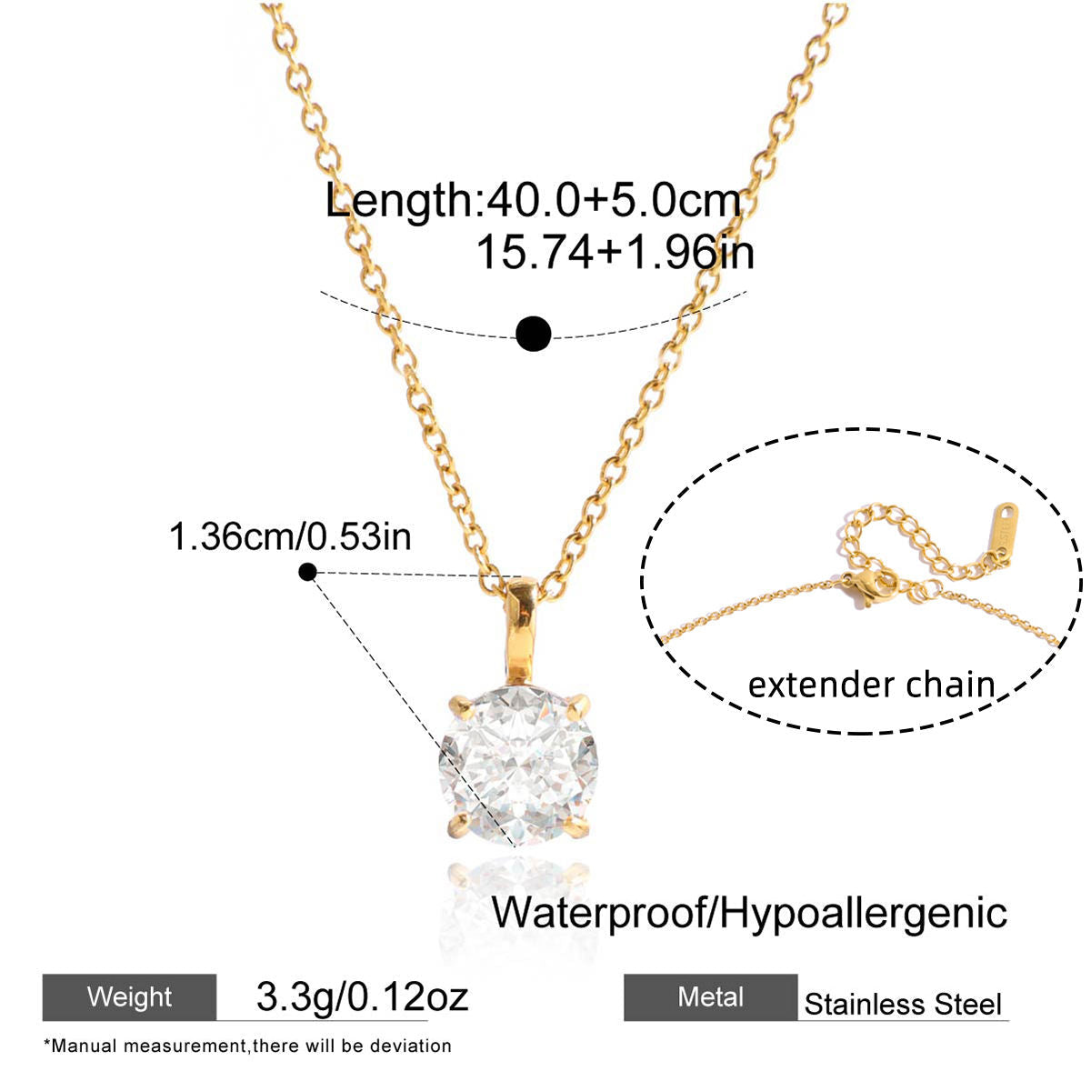 Gold necklace with a heart-shaped pendant, extender chain, and measurement details on a white background.