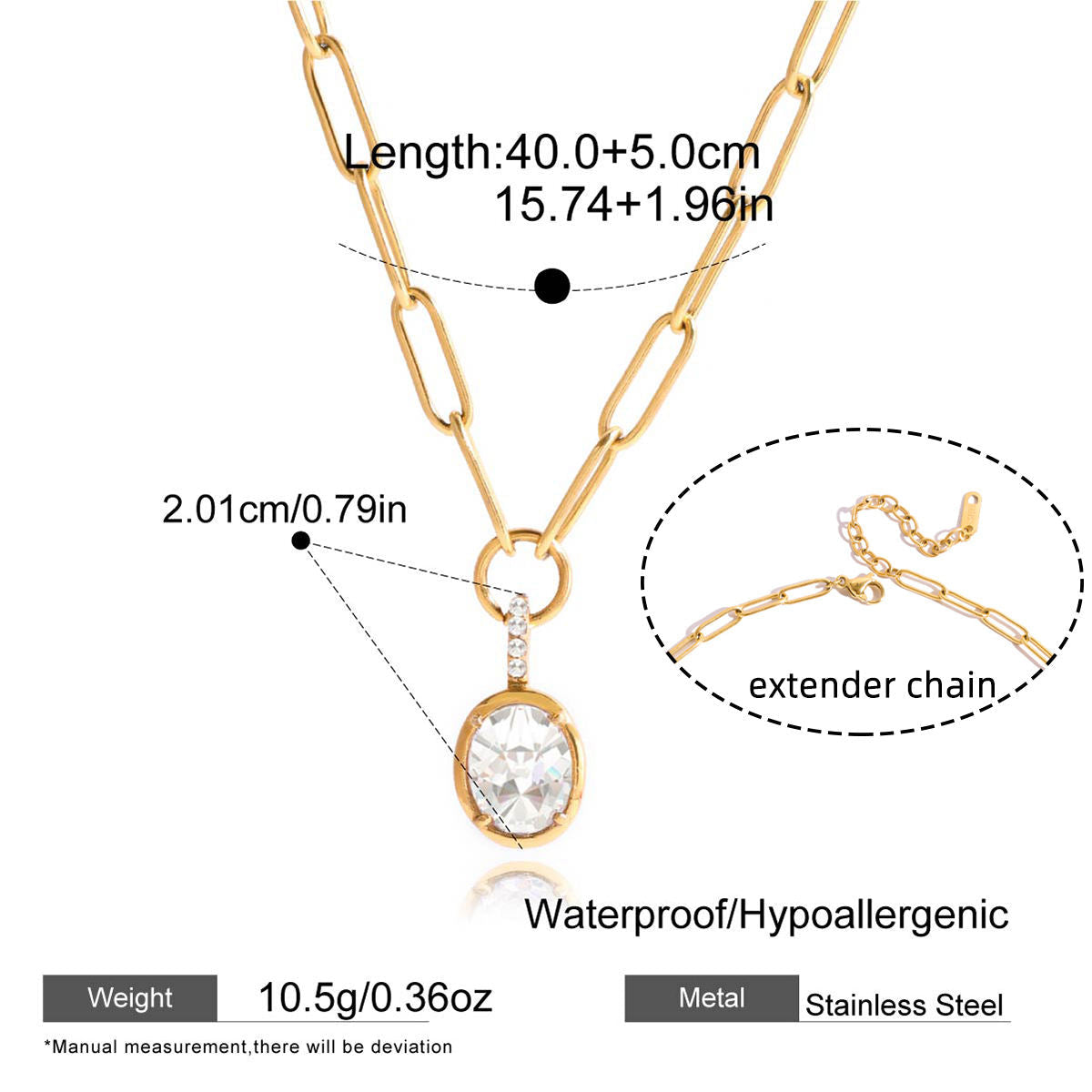 Gold necklace with pendant and extender chain on a white background