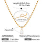 Gold necklace with a clear pendant, showing measurements and product details on a white background.