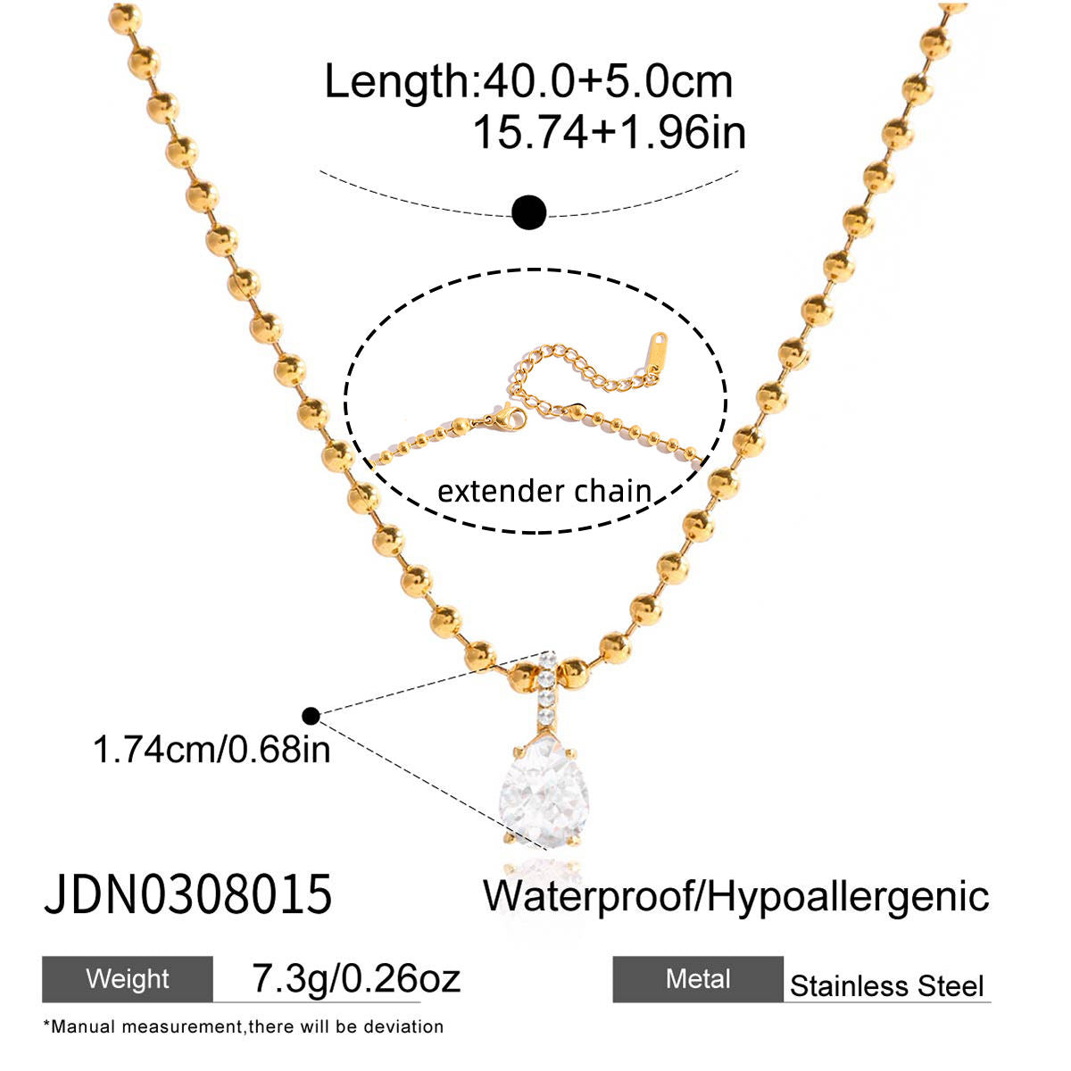 Gold necklace with a clear pendant, showing measurements and product details on a white background.