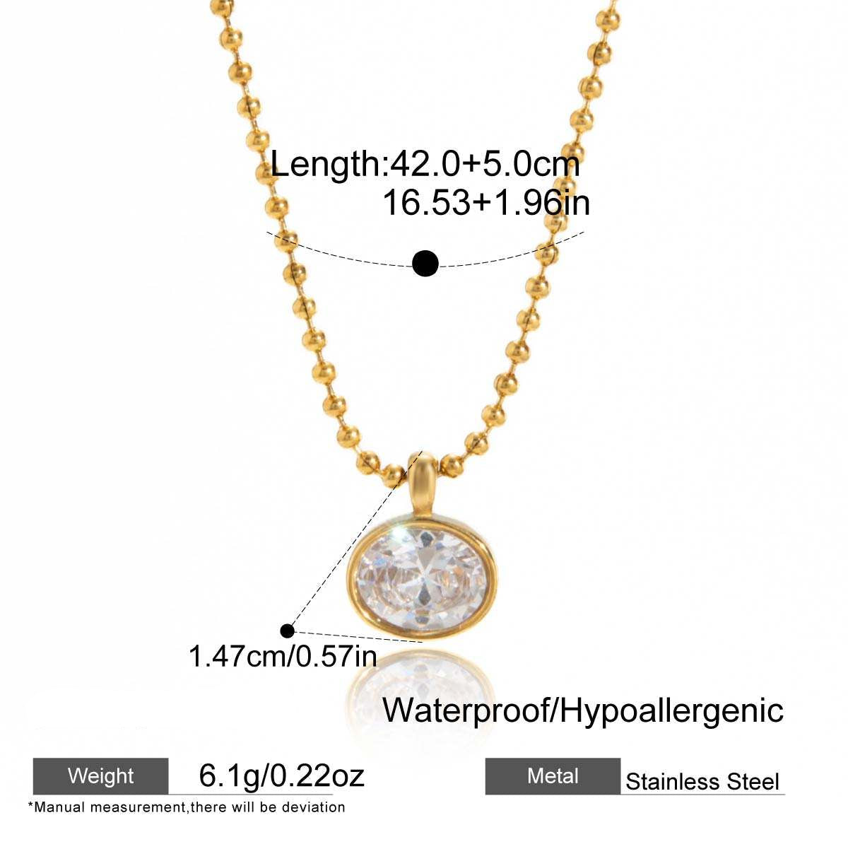 Gold necklace with a pendant, showing measurements and material details on a white background.