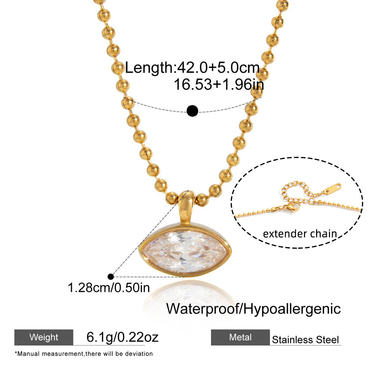 Gold necklace with pendant and extender chain on a white background