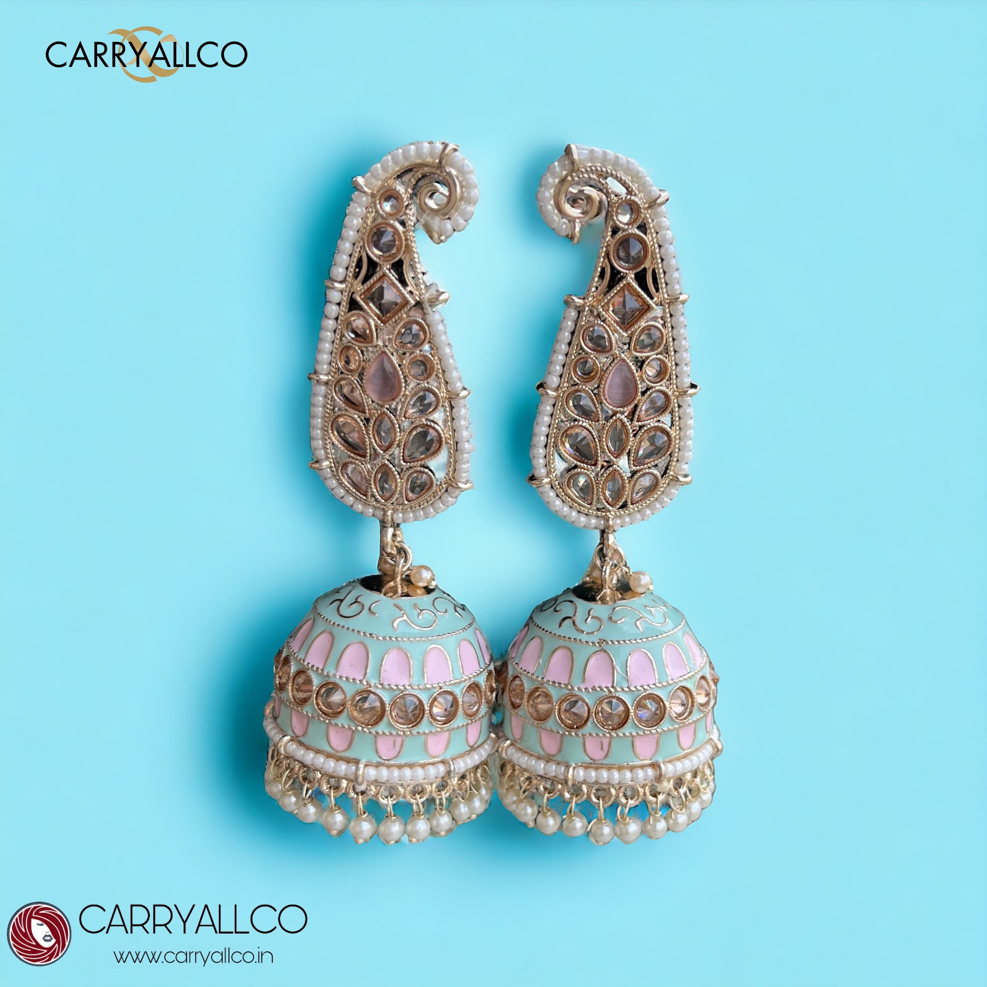 Carryallco Reverse AD Studed Lightweight Mint & Pink Latkan Meenakari Jhumkas Carryallco