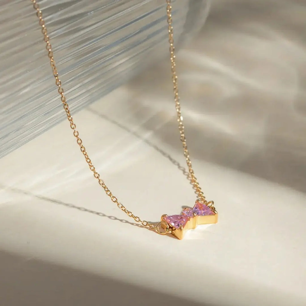 Pink Zirconia Bow Drop Necklace – 18K Gold Plated