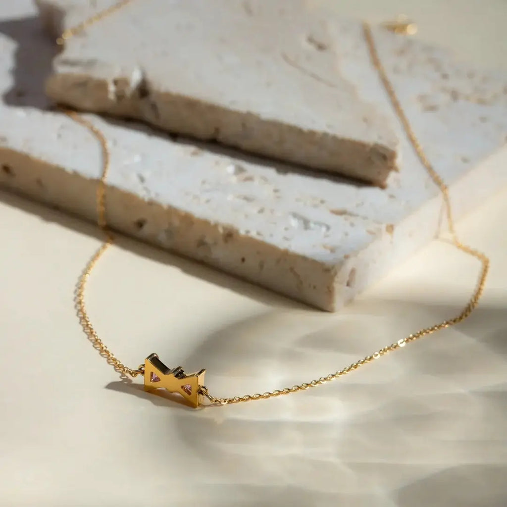 Pink Zirconia Bow Drop Necklace – 18K Gold Plated