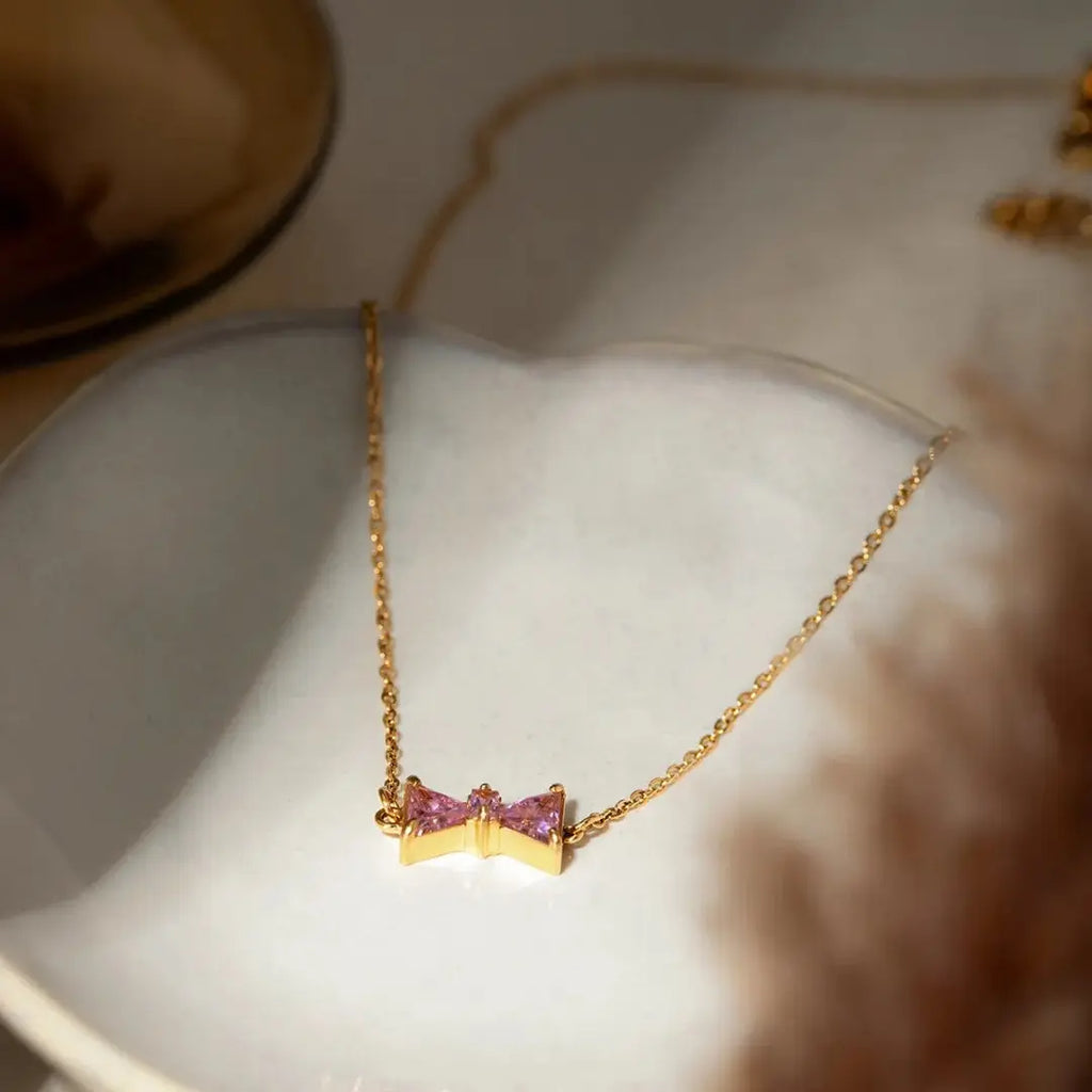 Pink Zirconia Bow Drop Necklace – 18K Gold Plated