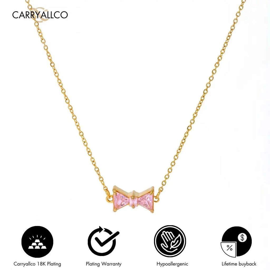 Pink Zirconia Bow Drop Necklace – 18K Gold Plated