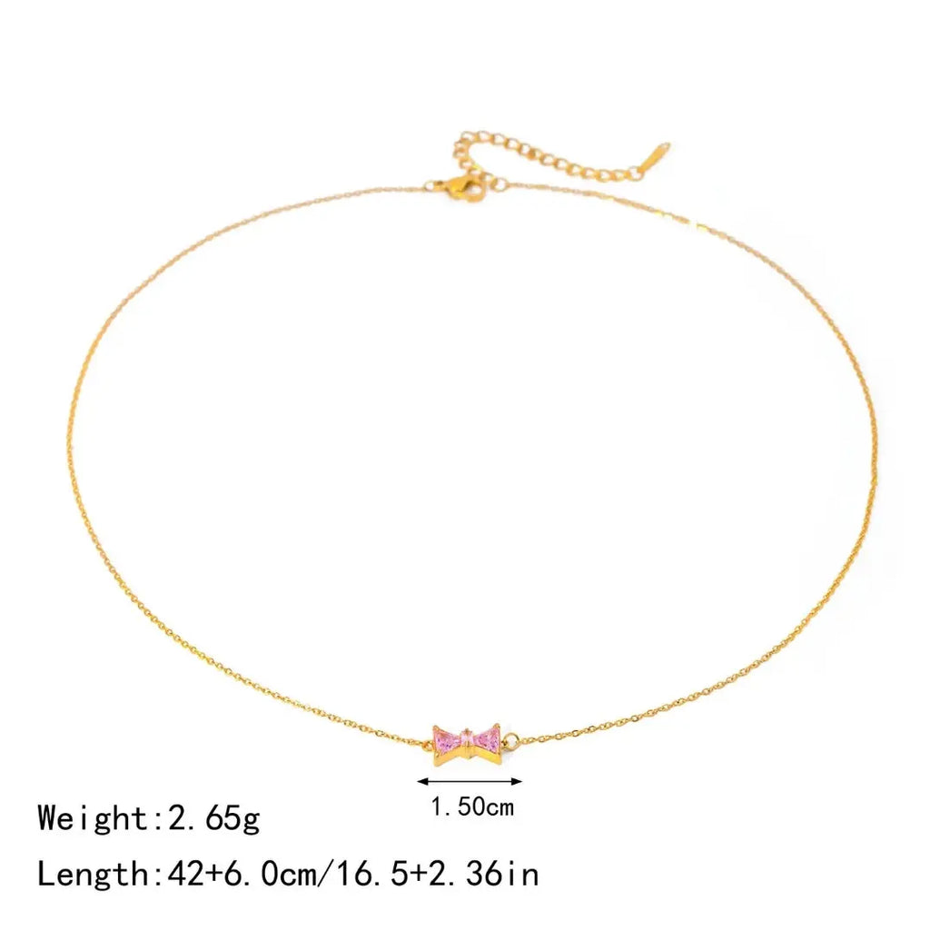 Pink Zirconia Bow Drop Necklace – 18K Gold Plated