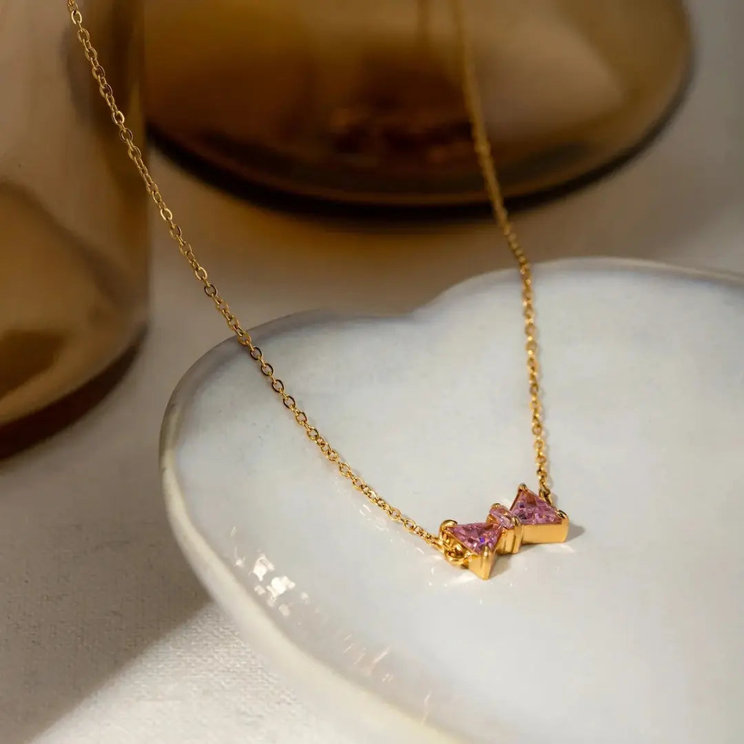 Pink Zirconia Bow Drop Pendant Necklace