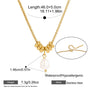 Gold chain necklace with a cluster of coiled ring-like beads and a teardrop-shaped white pearl pendant, shown with measurement callouts, weight 7.3g, stainless steel metal, and a close-up inset of the clasp.