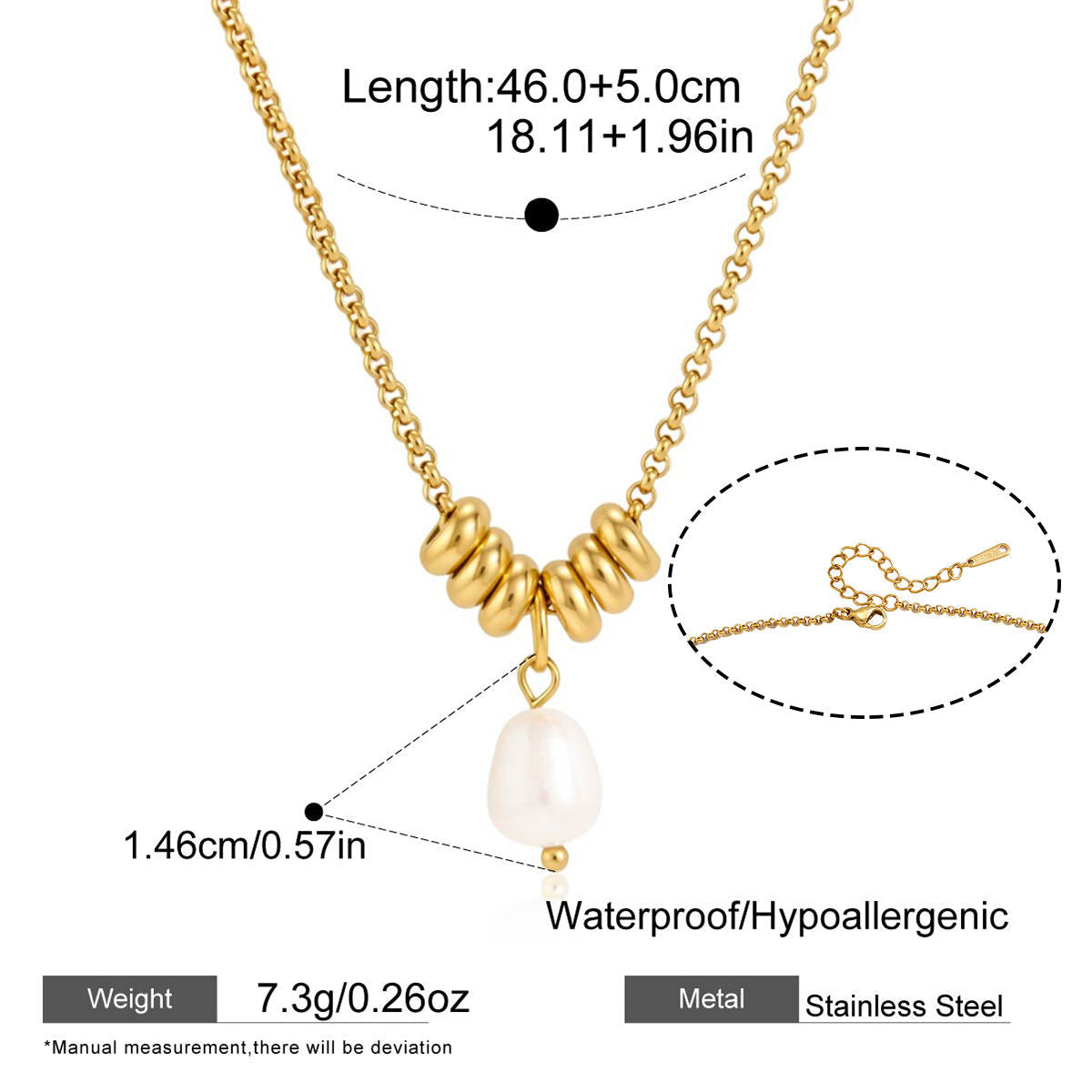 Gold chain necklace with a cluster of coiled ring-like beads and a teardrop-shaped white pearl pendant, shown with measurement callouts, weight 7.3g, stainless steel metal, and a close-up inset of the clasp.