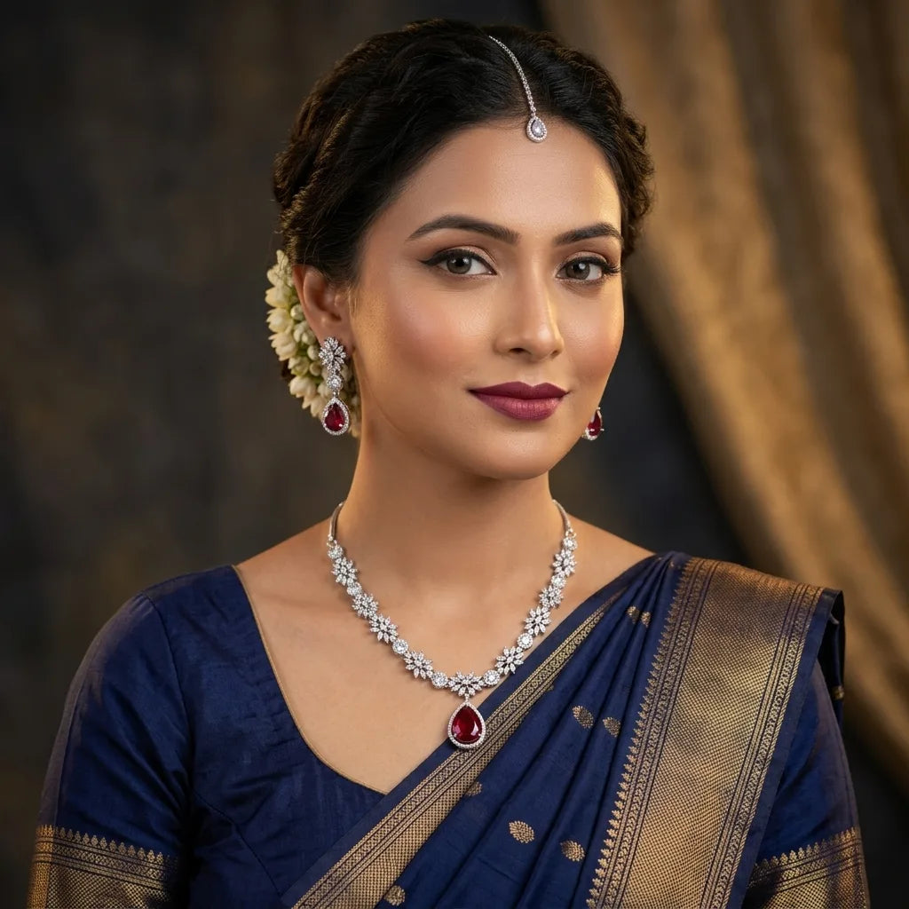 Woman wearing a blue saree with gold border, diamond necklace, earrings, and bindi against a brown curtain background.