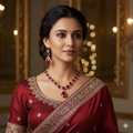 Woman in a red saree with gold embroidery and jewelry in an elegant setting
