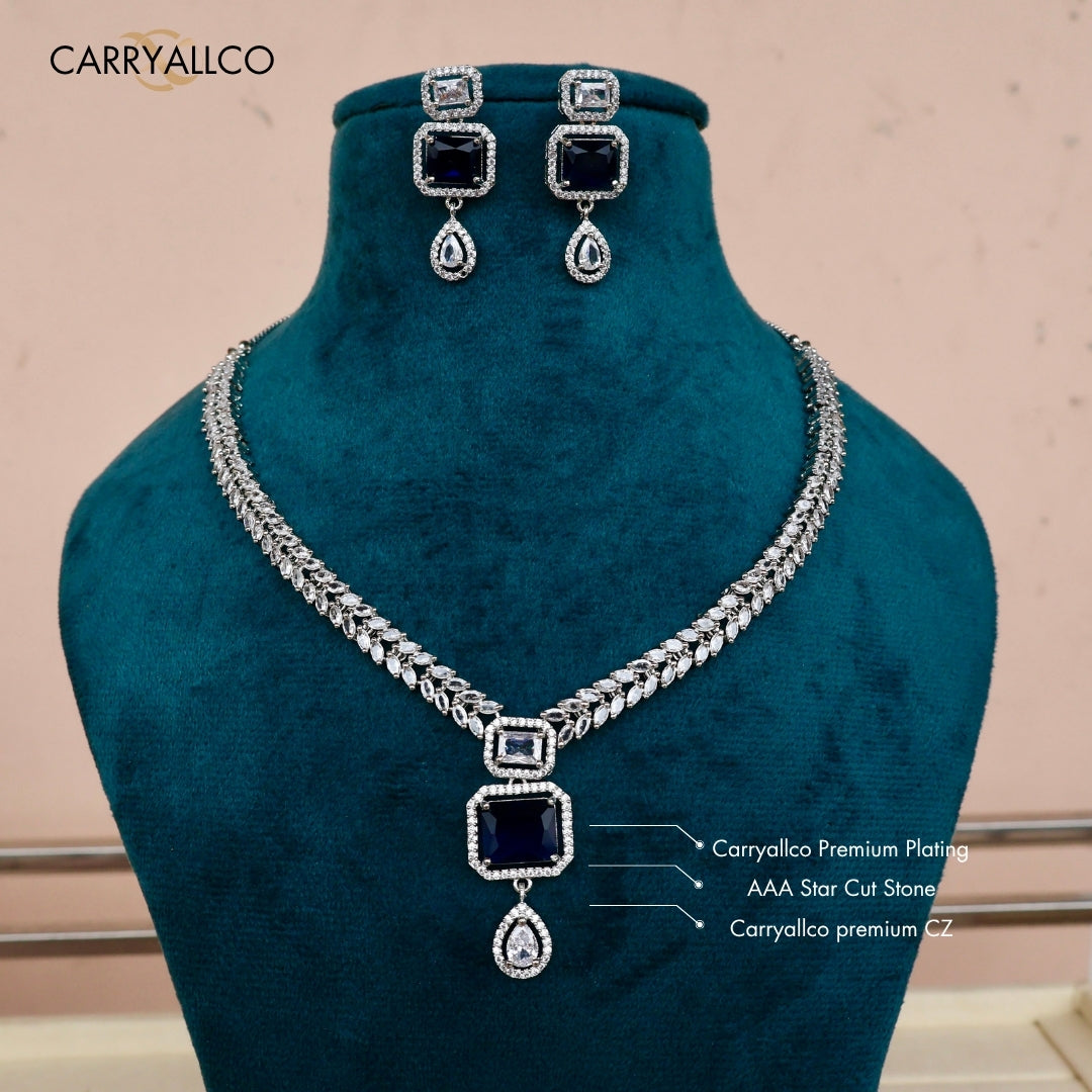 Regal Blue Emerald Cut American Diamond Necklace Set