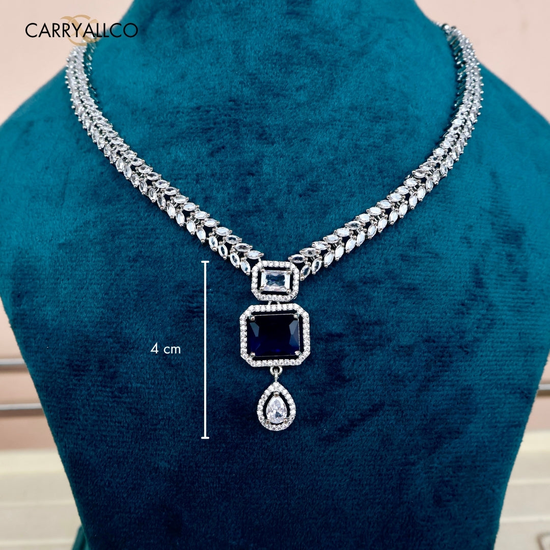 Regal Blue Emerald Cut American Diamond Necklace Set