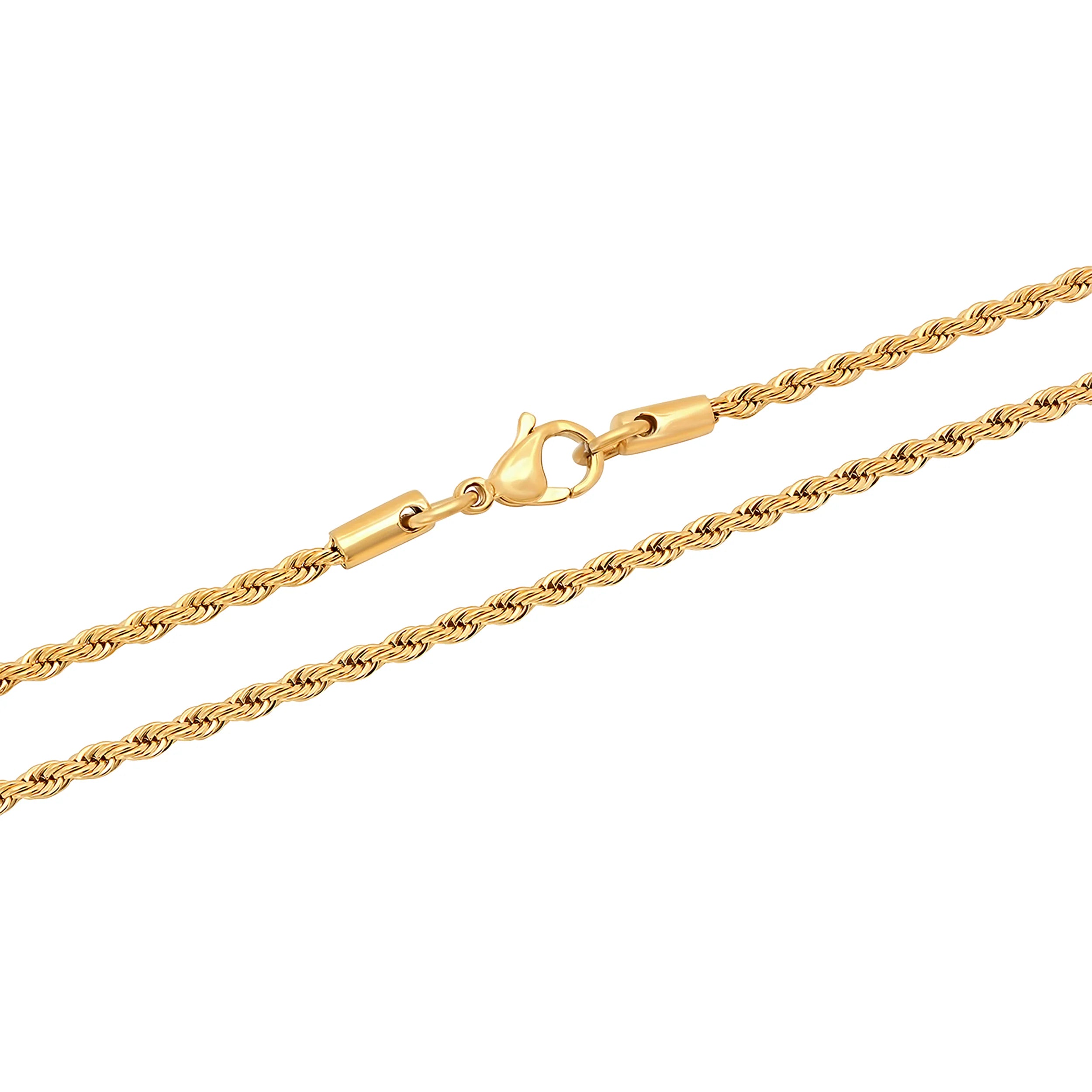 A close-up of a gold rope chain necklace with a lobster clasp, shown against a plain white background.