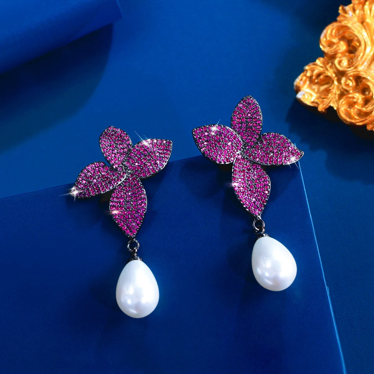 Rose Red CZ Pearl Drop Earrings