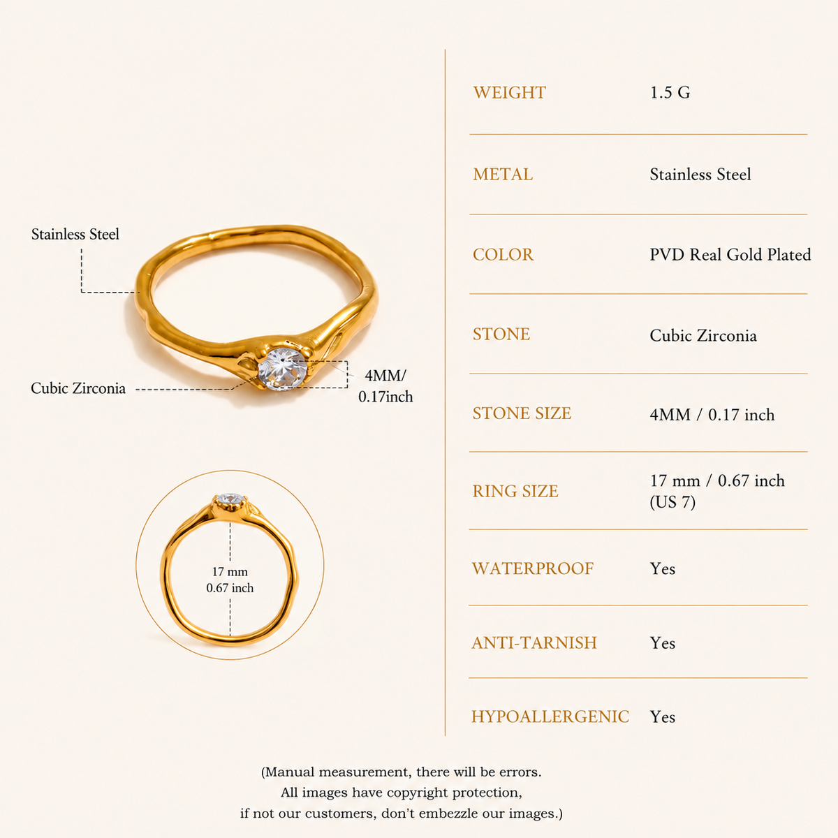 Round Cubic Zirconia Ring – 18K Gold PVD | Carryallco India