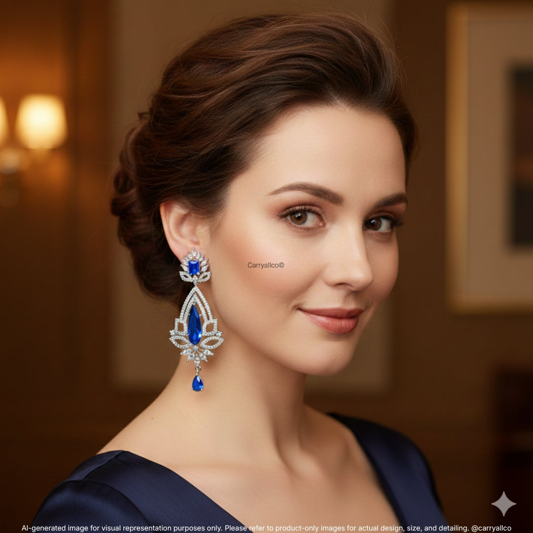Royal Blue Crystal Floral American Diamond Long Earrings