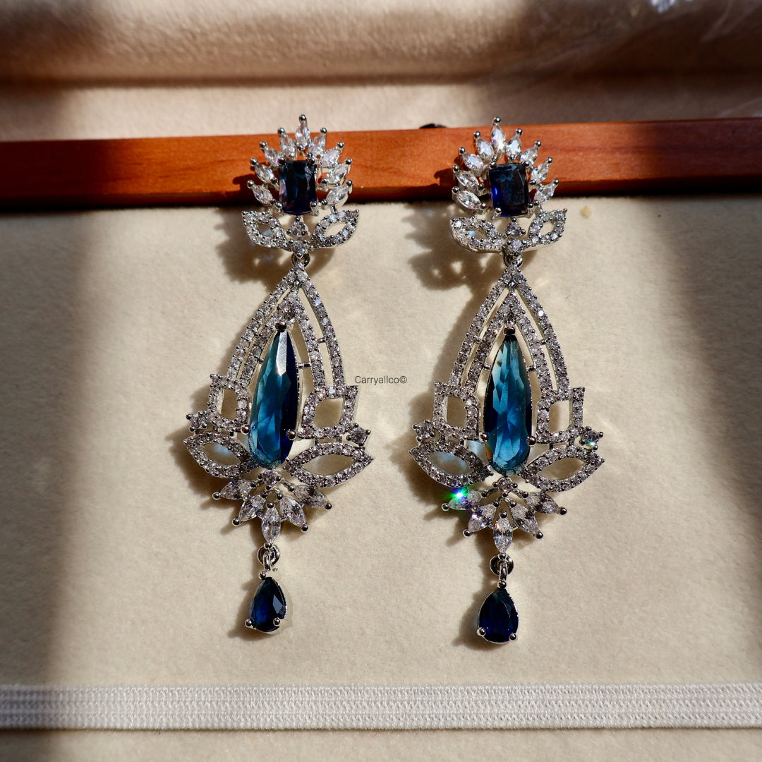 Royal Blue Crystal Floral American Diamond Long Earrings