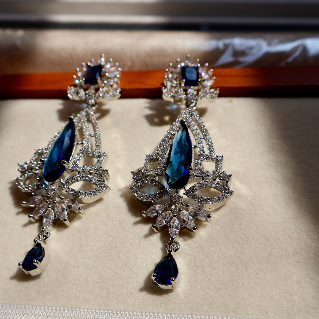 Royal Blue Crystal Floral American Diamond Long Earrings