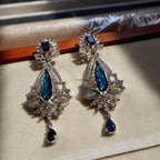 Royal Blue Crystal Floral American Diamond Long Earrings