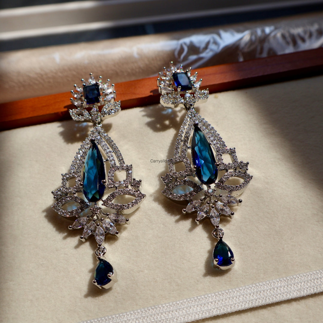 Royal Blue Crystal Floral American Diamond Long Earrings