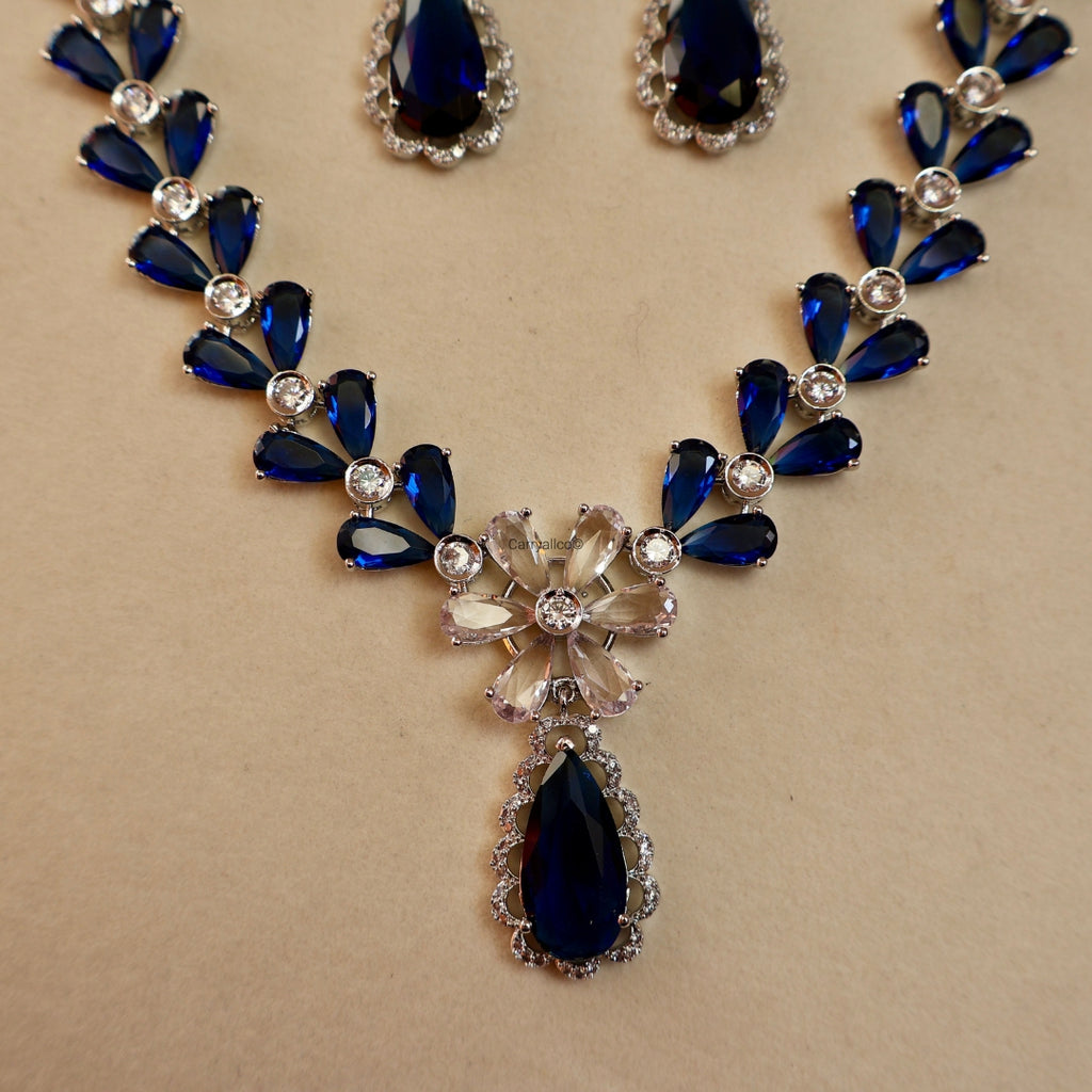 Royal Blue Marquise Vine American Diamond Necklace Set