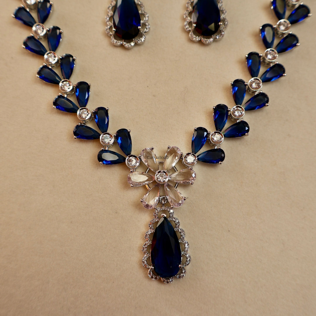 Royal Blue Marquise Vine American Diamond Necklace Set | CARRYALLCO