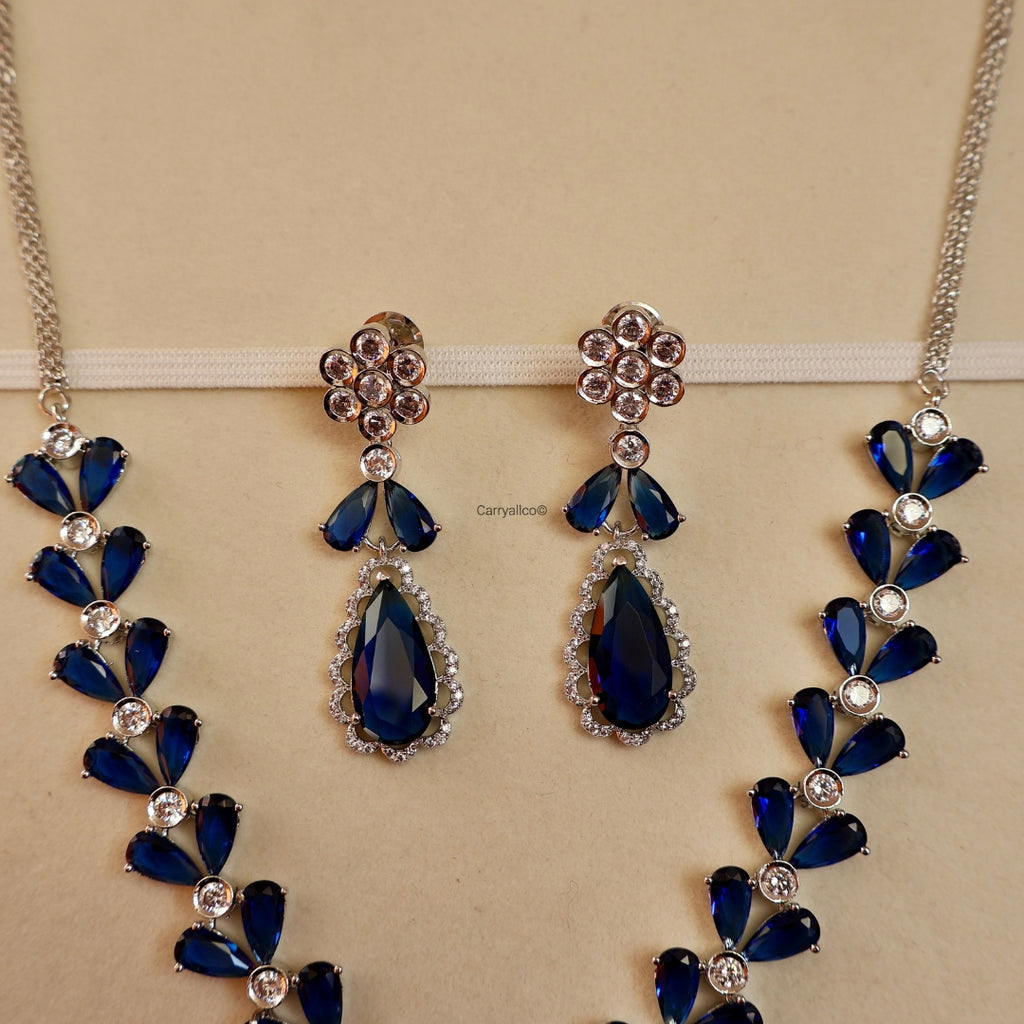 Royal Blue Marquise Vine American Diamond Necklace Set