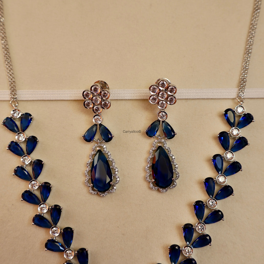Royal Blue Marquise Vine American Diamond Necklace Set | CARRYALLCO