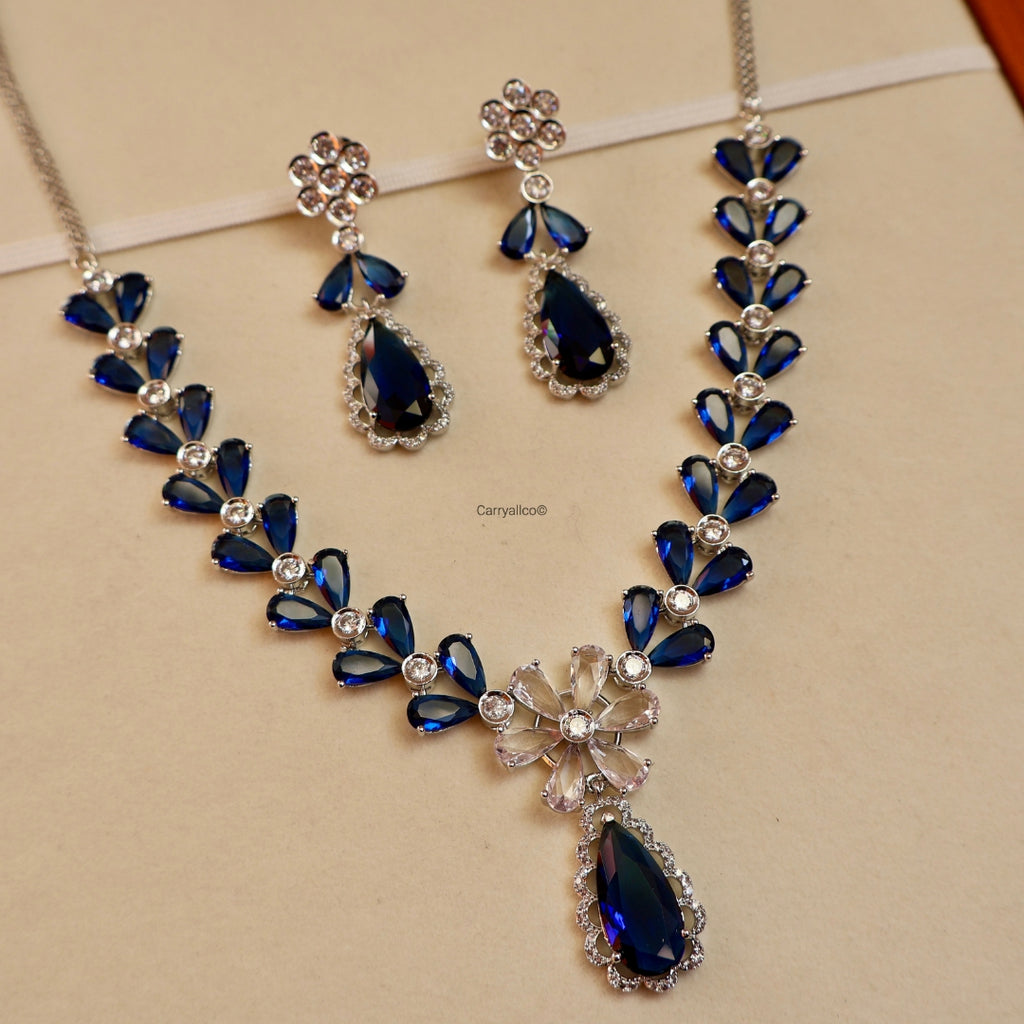 Royal Blue Marquise Vine American Diamond Necklace Set