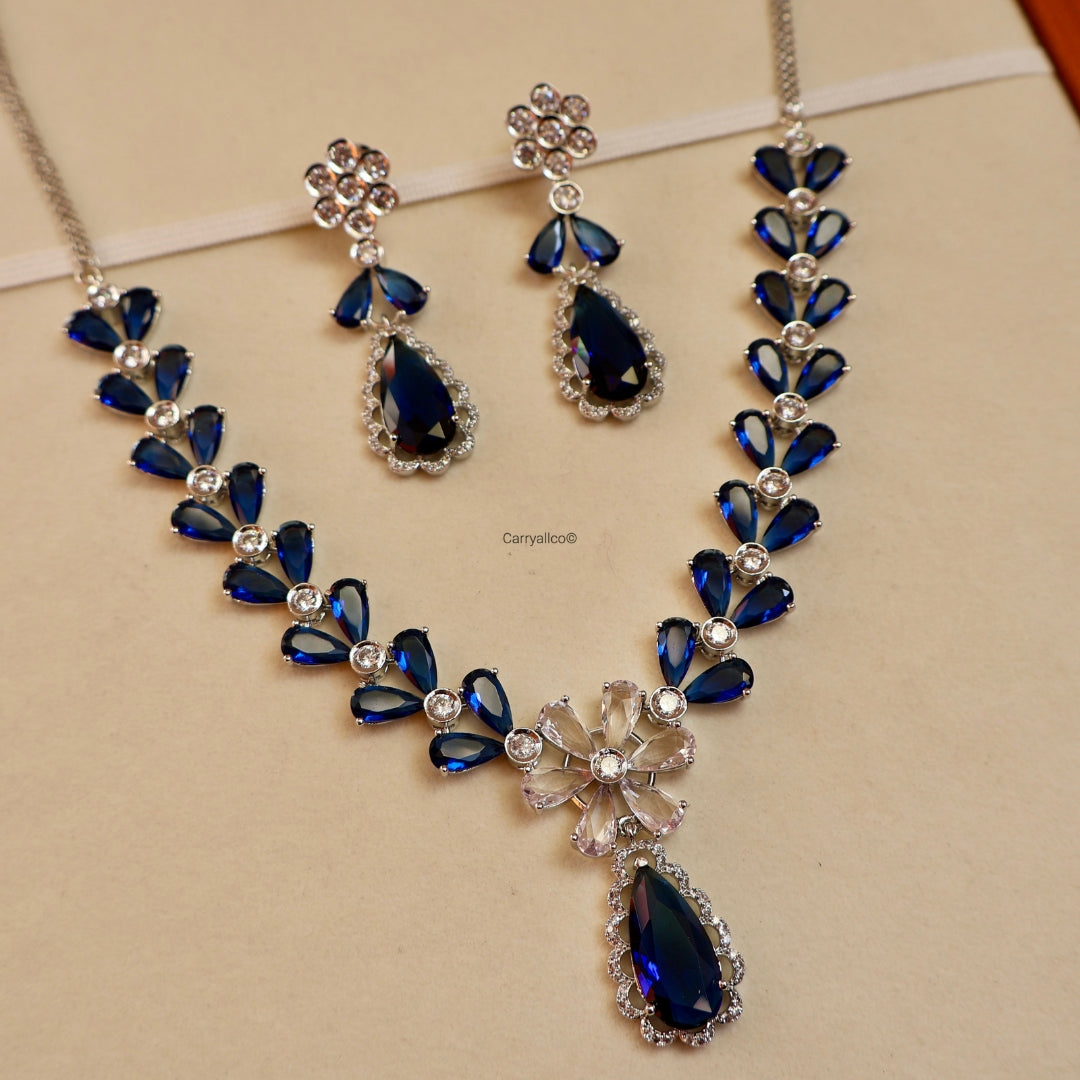 Royal Blue Marquise Vine American Diamond Necklace Set | CARRYALLCO