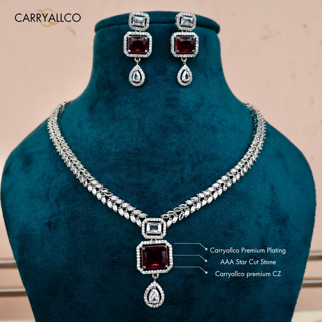 Royal Red Emerald Cut American Diamond Necklace Set