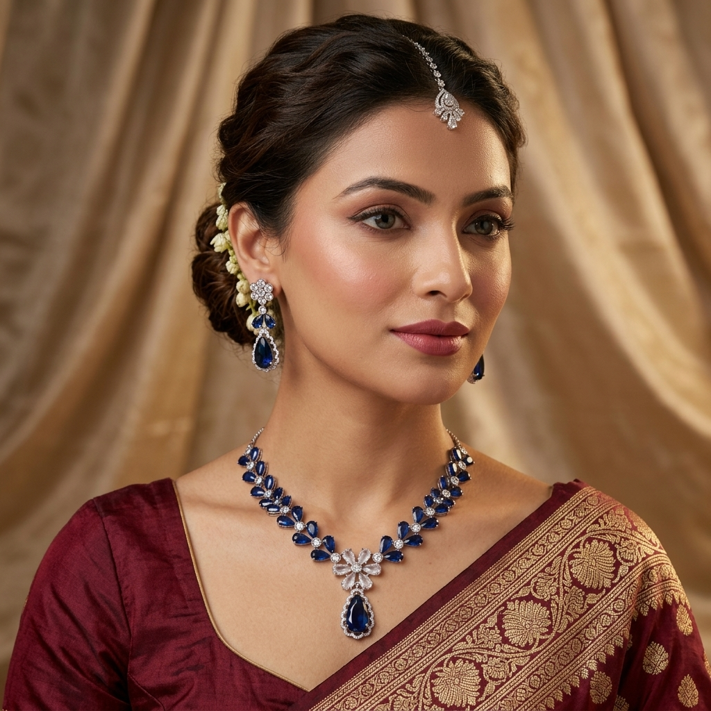 Royal Blue Marquise Vine American Diamond Necklace Set | CARRYALLCO