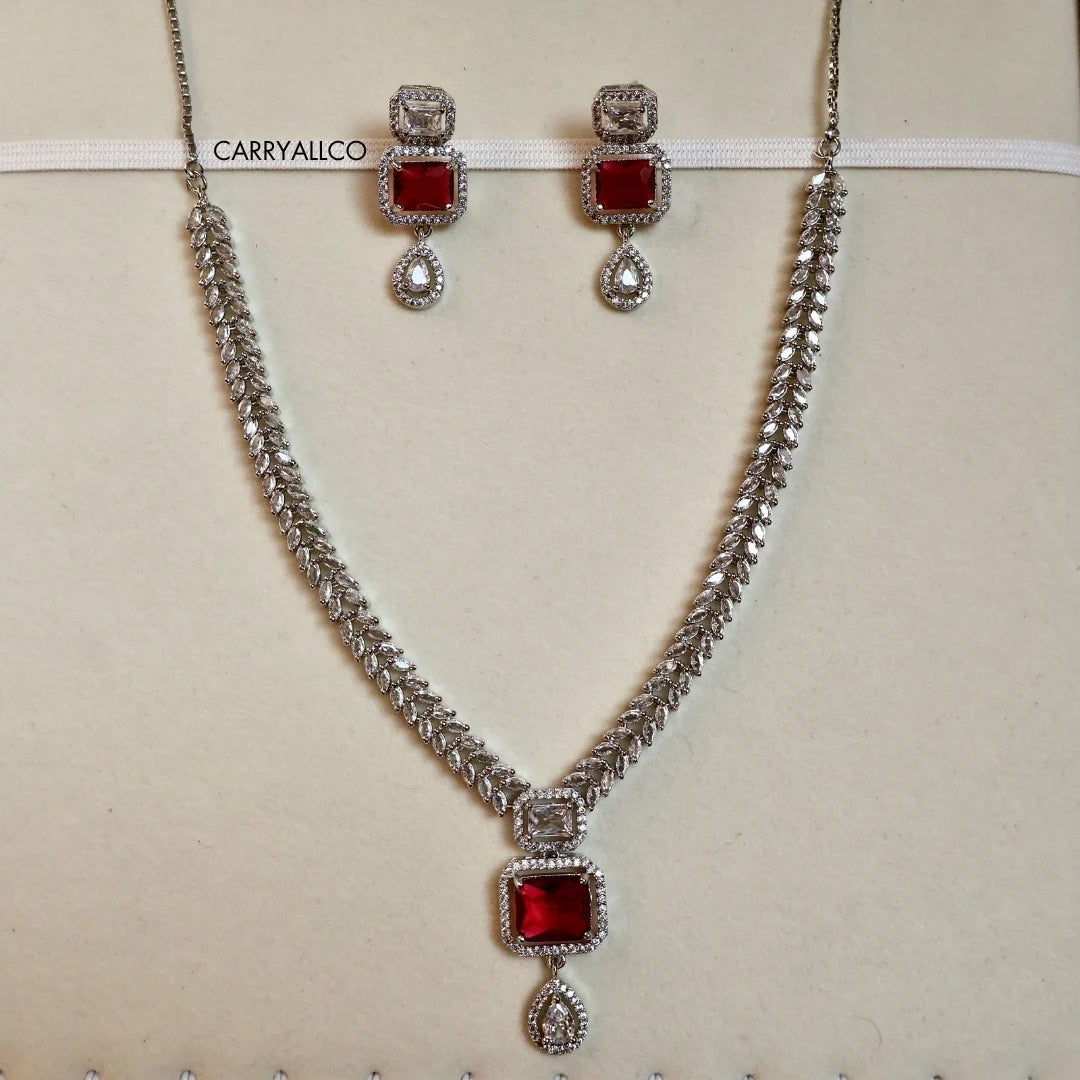 Royal Red Cut American Diamond Necklace Set