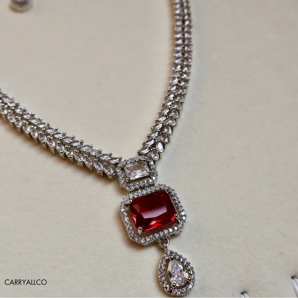 Royal Red Cut American Diamond Necklace Set