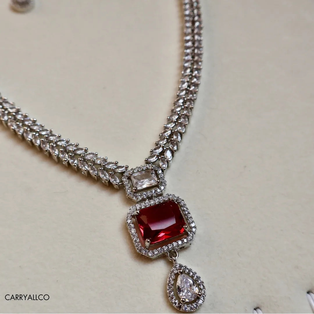 Royal Red Cut American Diamond Necklace Set
