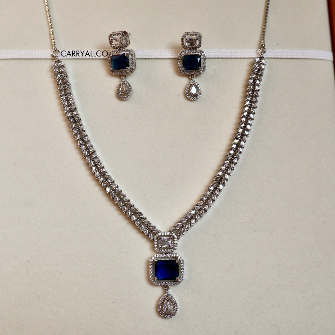 Regal Blue Emerald Cut American Diamond Necklace Set