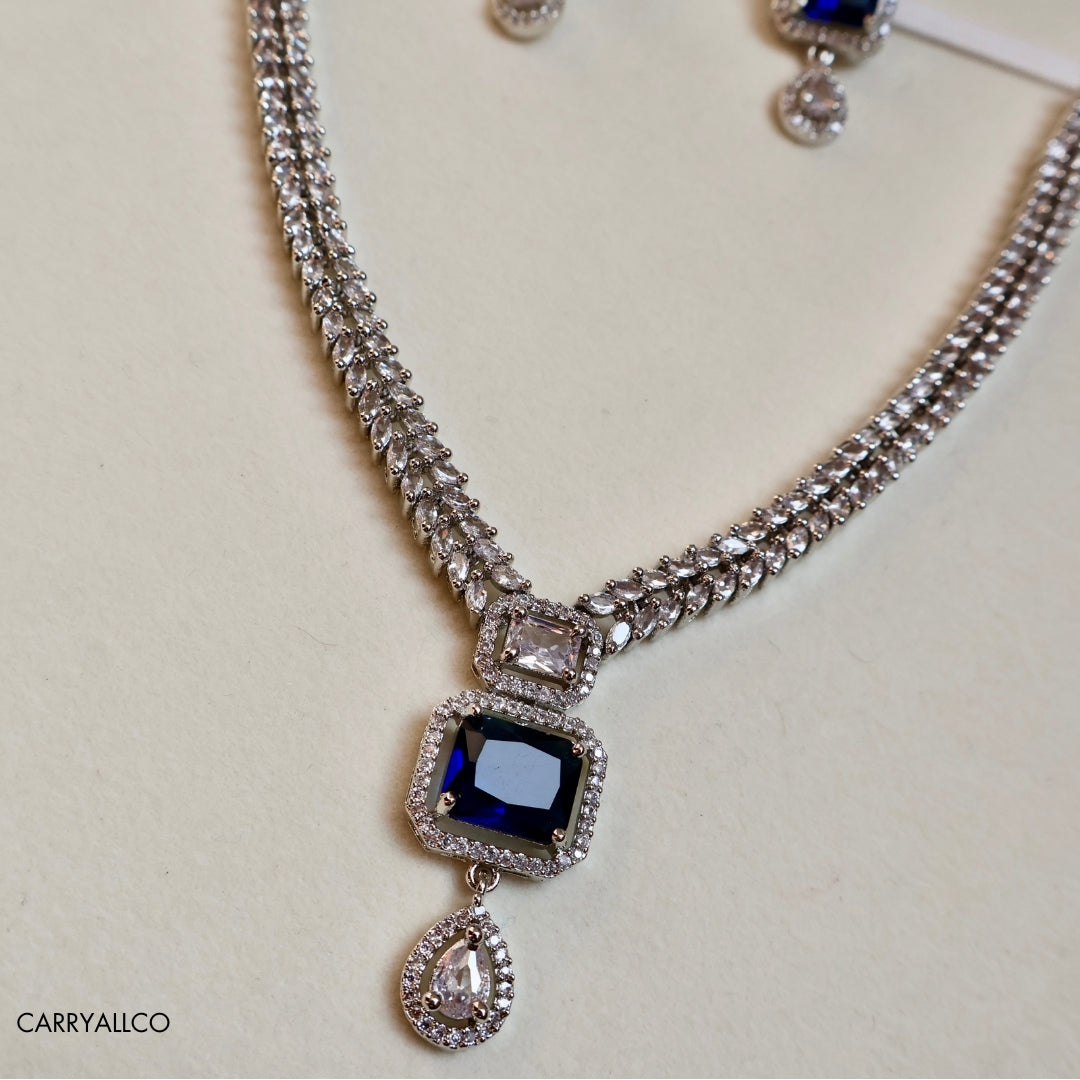 Regal Blue Emerald Cut American Diamond Necklace Set