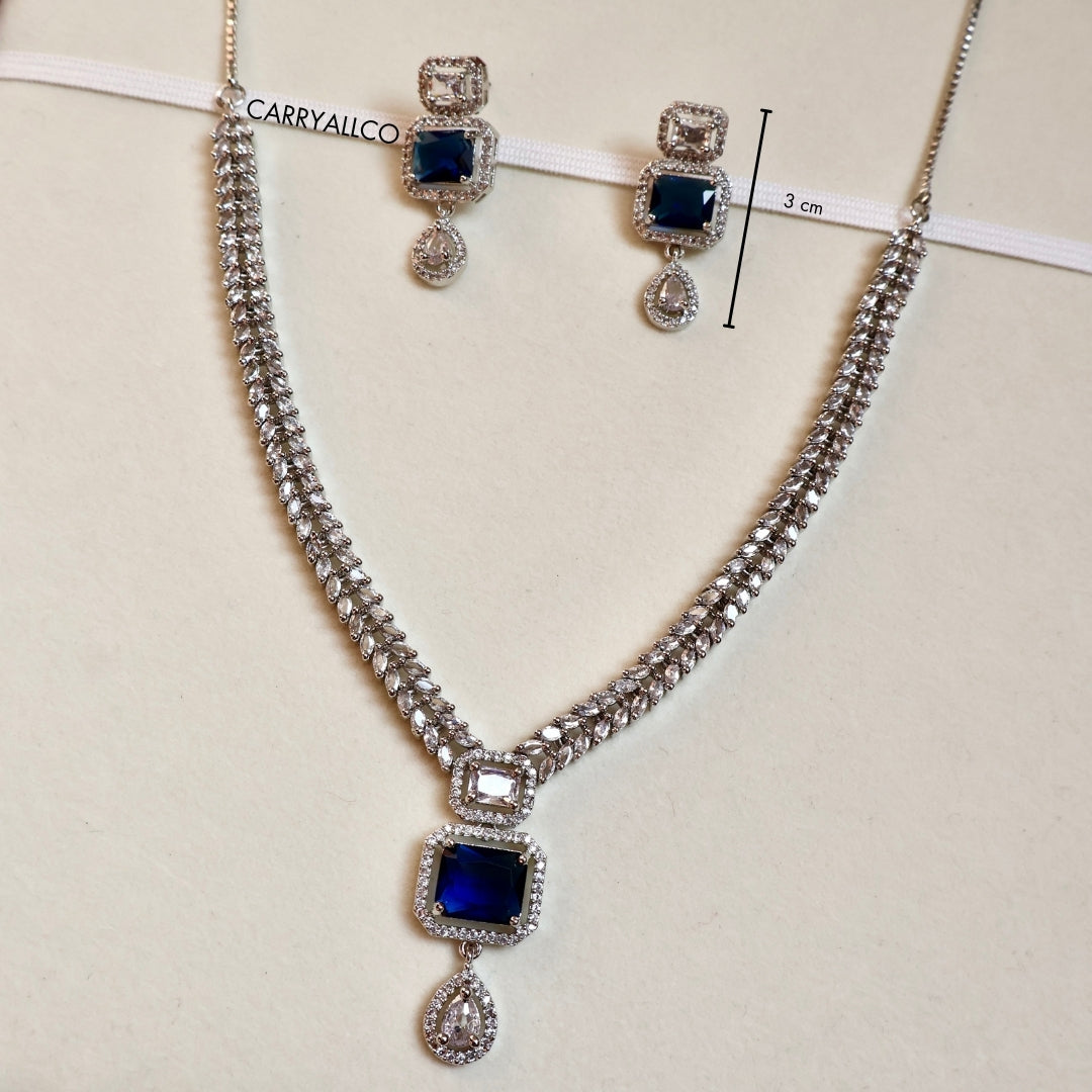 Regal Blue Emerald Cut American Diamond Necklace Set