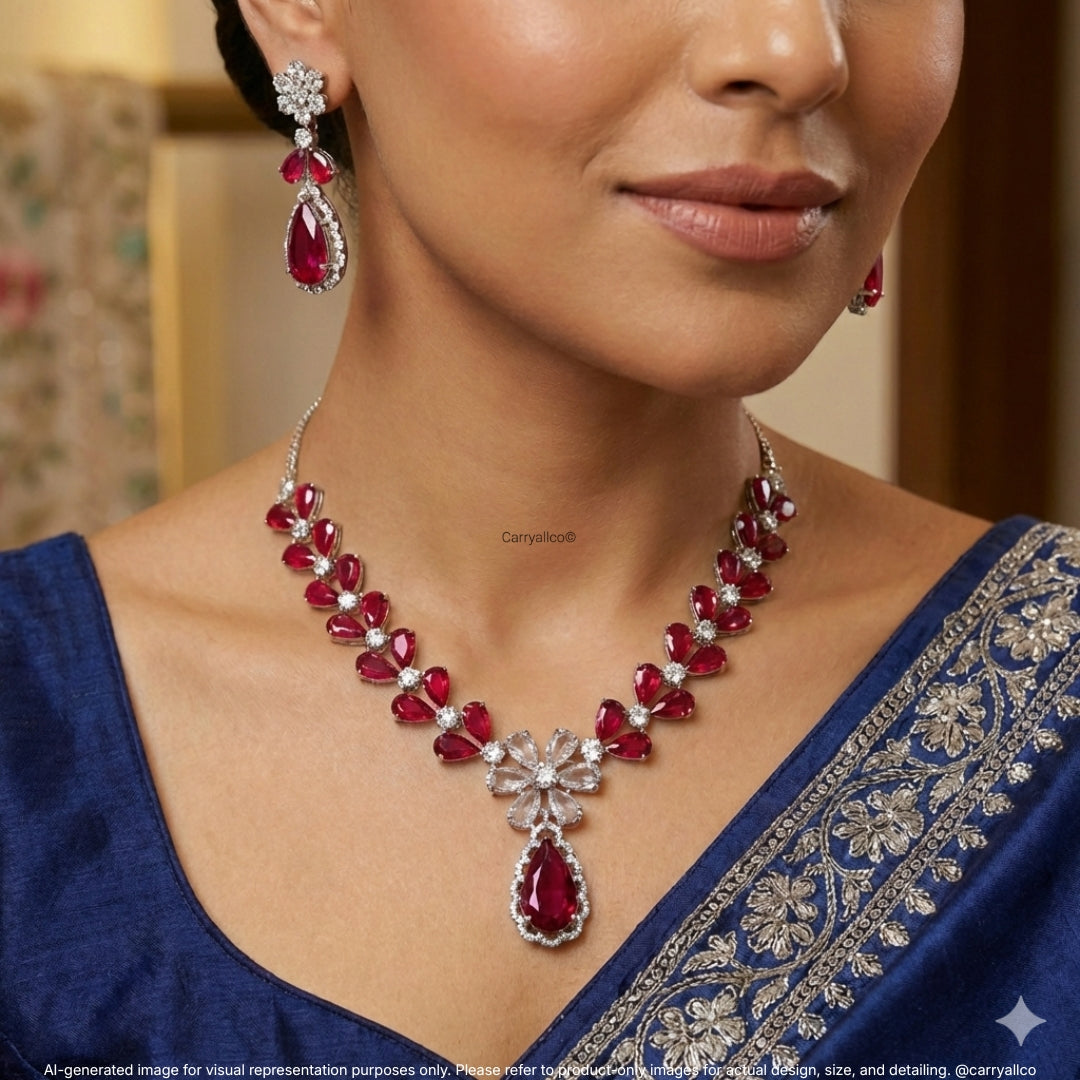 Ruby Marquise Bridal American Diamond Necklace Set