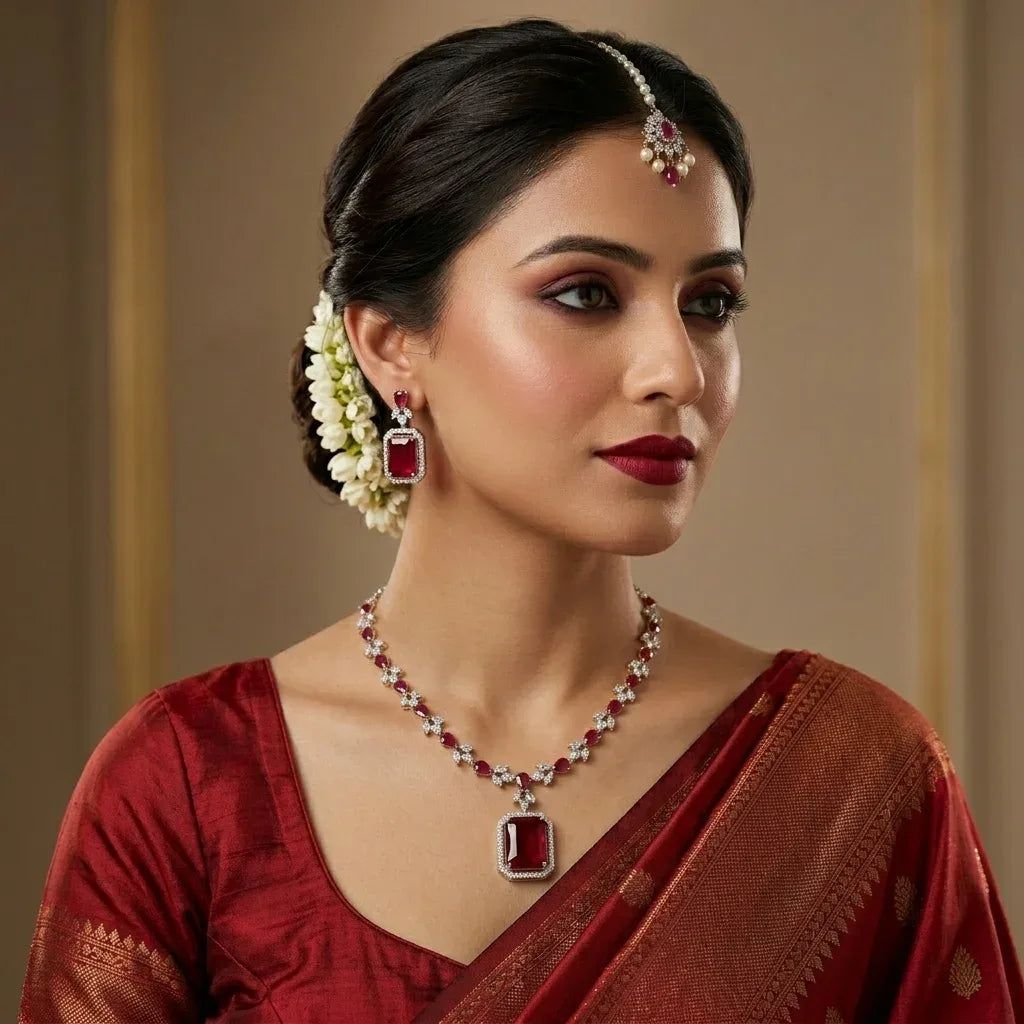 Woman wearing traditional jewelry and a red saree against a beige background